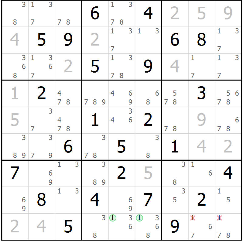 Position des candidats pour la solution de la Gr 59 page 62 du magazine de sudoku Maestro n° 087