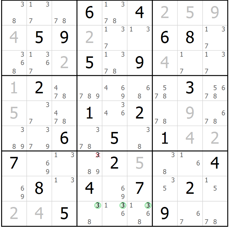 Position des candidats pour la solution de la Gr 59 page 62 du magazine de sudoku Maestro n° 087