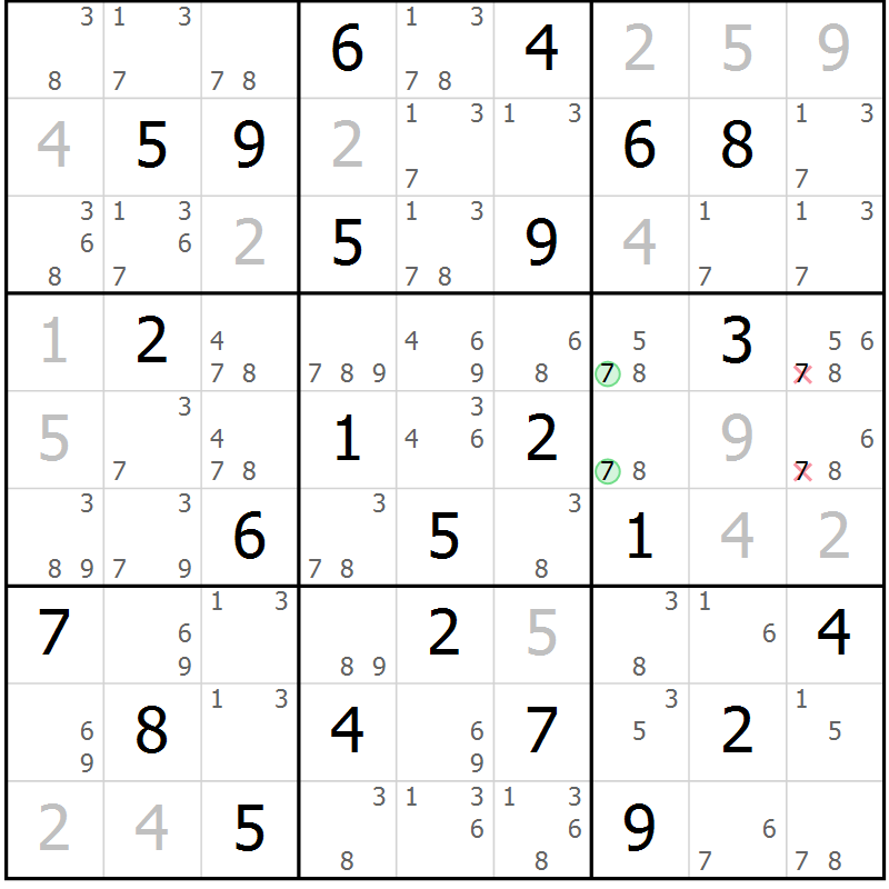 Position des candidats pour la solution de la Gr 59 page 62 du magazine de sudoku Maestro n° 087