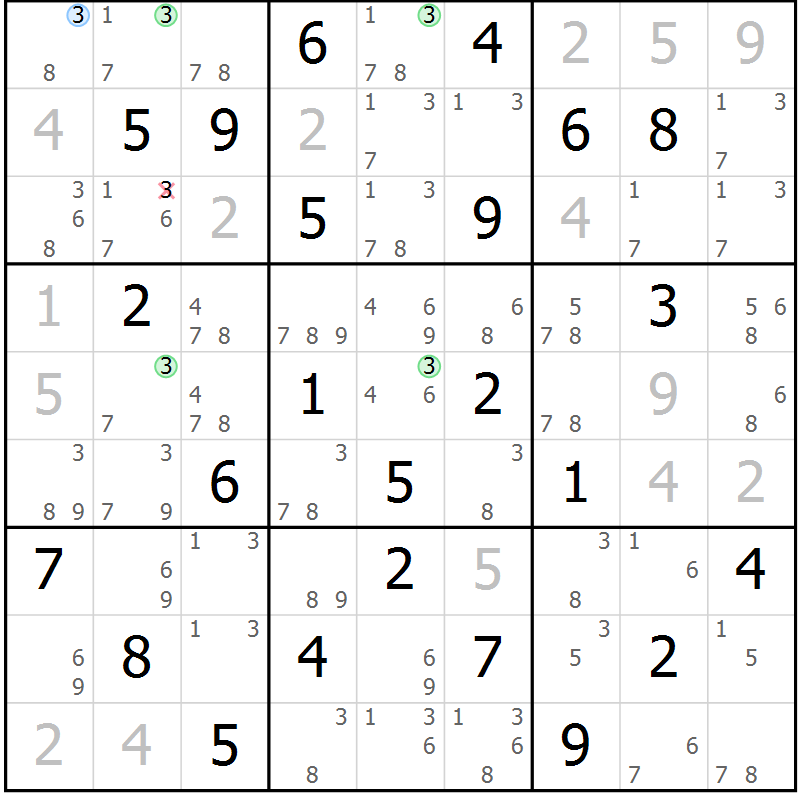 Position des candidats pour la solution de la Gr 59 page 62 du magazine de sudoku Maestro n° 087