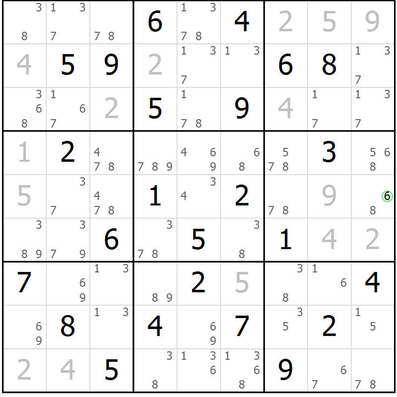 Position des candidats pour la solution de la Gr 59 page 62 du magazine de sudoku Maestro n° 087