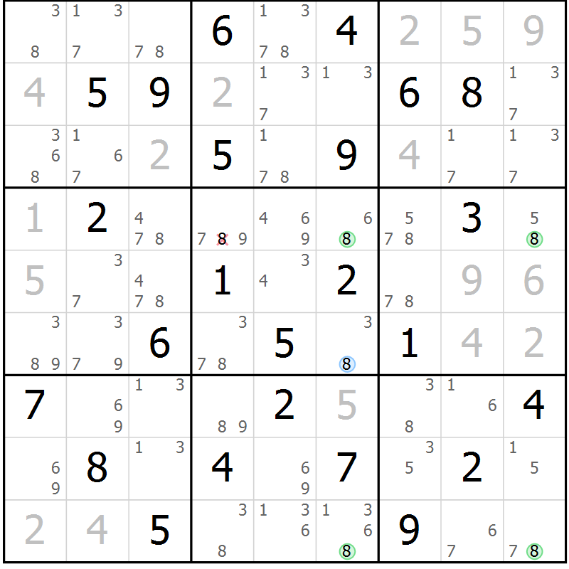Position des candidats pour la solution de la Gr 59 page 62 du magazine de sudoku Maestro n° 087