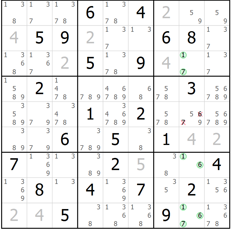 Position des candidats pour la solution de la Gr 59 page 62 du magazine de sudoku Maestro n° 087