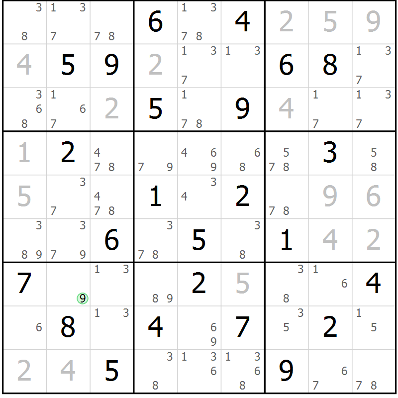 Position des candidats pour la solution de la Gr 59 page 62 du magazine de sudoku Maestro n° 087