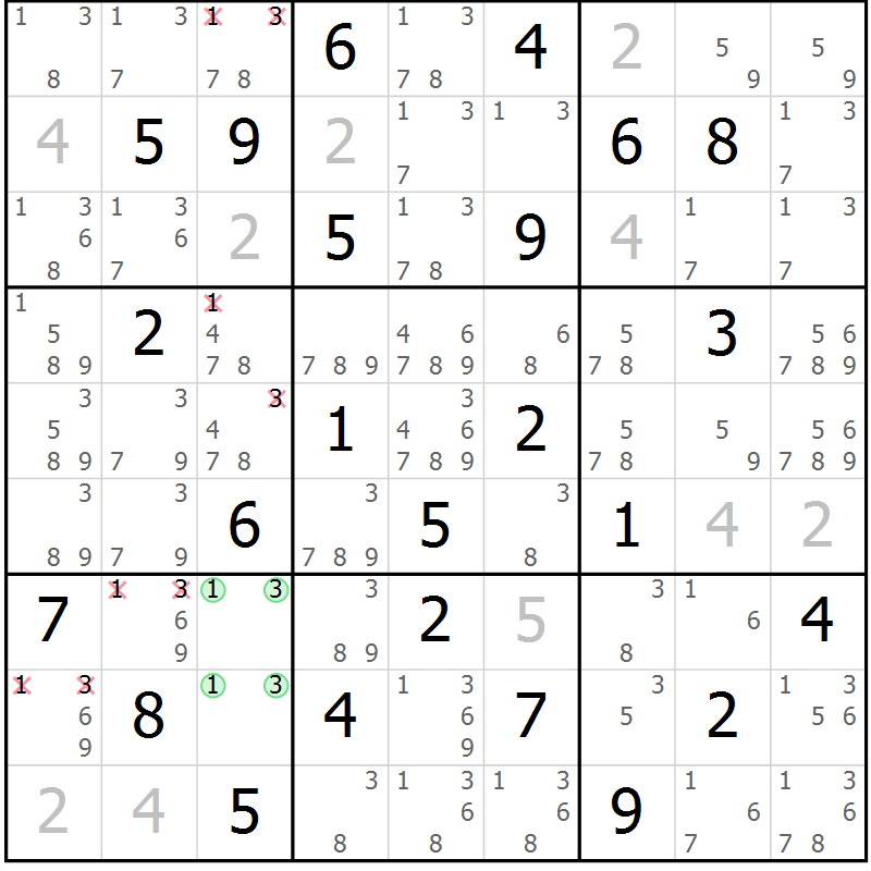 Position des candidats pour la solution de la Gr 59 page 62 du magazine de sudoku Maestro n° 087