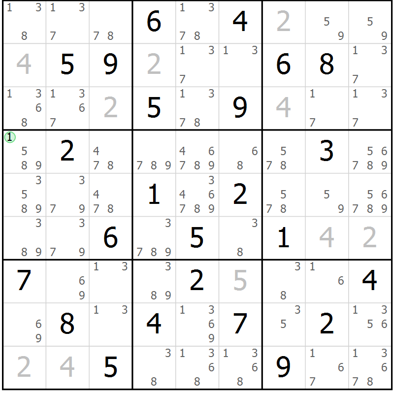 Position des candidats pour la solution de la Gr 59 page 62 du magazine de sudoku Maestro n° 087