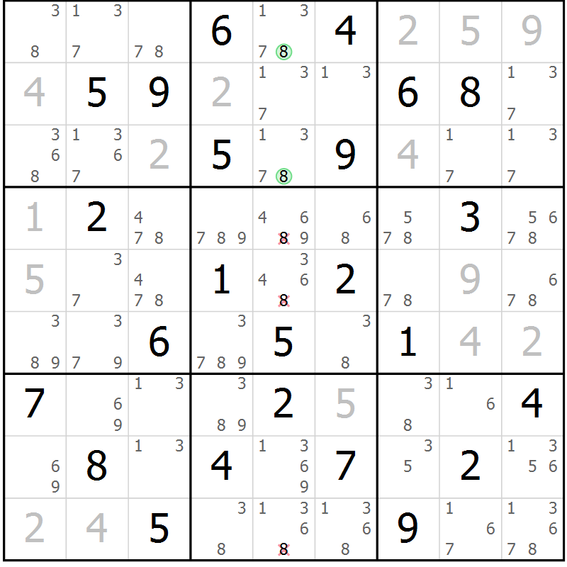 Position des candidats pour la solution de la Gr 59 page 62 du magazine de sudoku Maestro n° 087