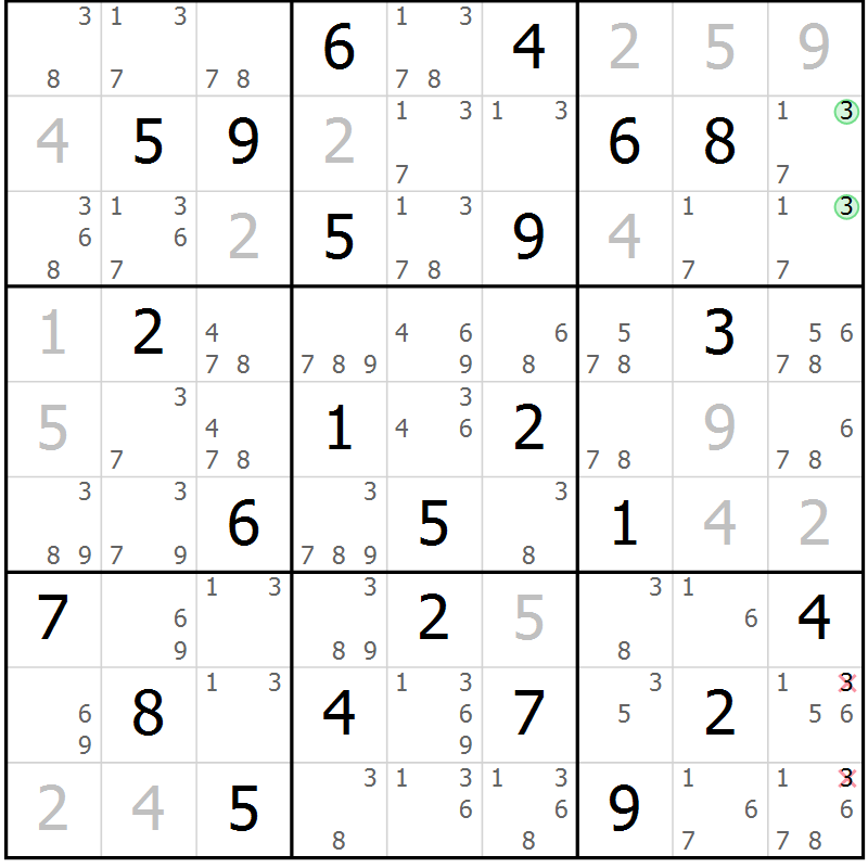 Position des candidats pour la solution de la Gr 59 page 62 du magazine de sudoku Maestro n° 087