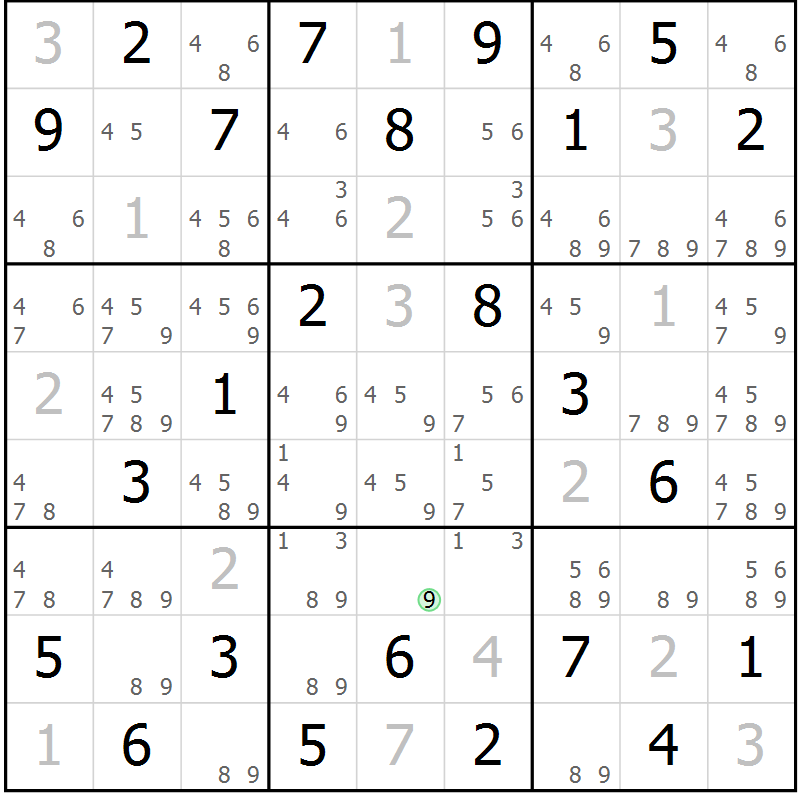 Position des candidats pour la solution de la Gr 6 page 9 du magazine de sudoku Maestro n° 087