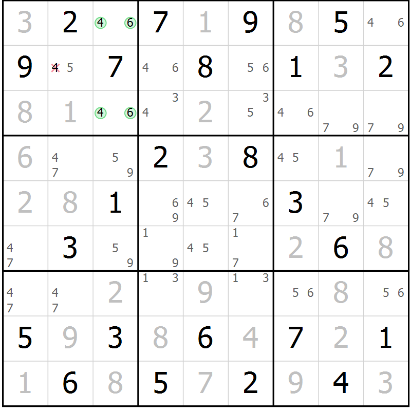 Position des candidats pour la solution de la Gr 6 page 9 du magazine de sudoku Maestro n° 087