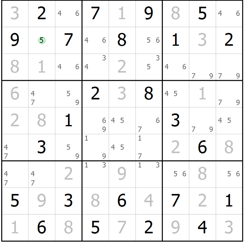Position des candidats pour la solution de la Gr 6 page 9 du magazine de sudoku Maestro n° 087