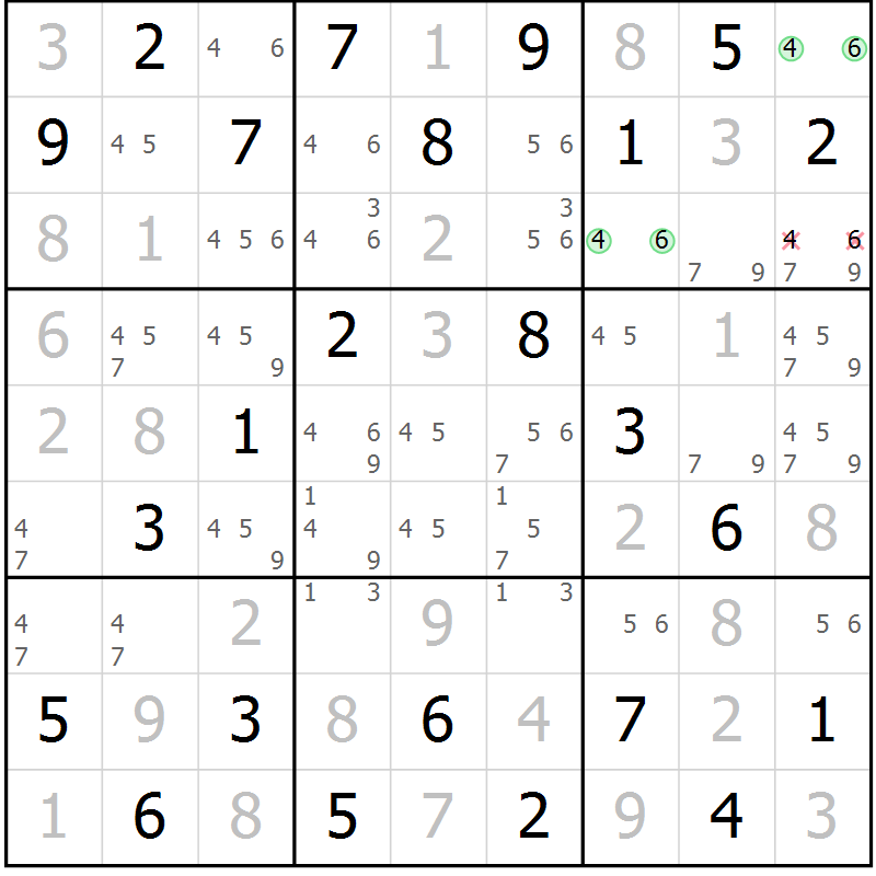 Position des candidats pour la solution de la Gr 6 page 9 du magazine de sudoku Maestro n° 087