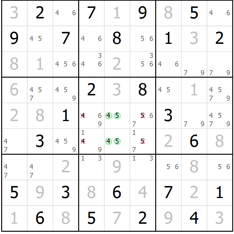 Position des candidats pour la solution de la Gr 6 page 9 du magazine de sudoku Maestro n° 087