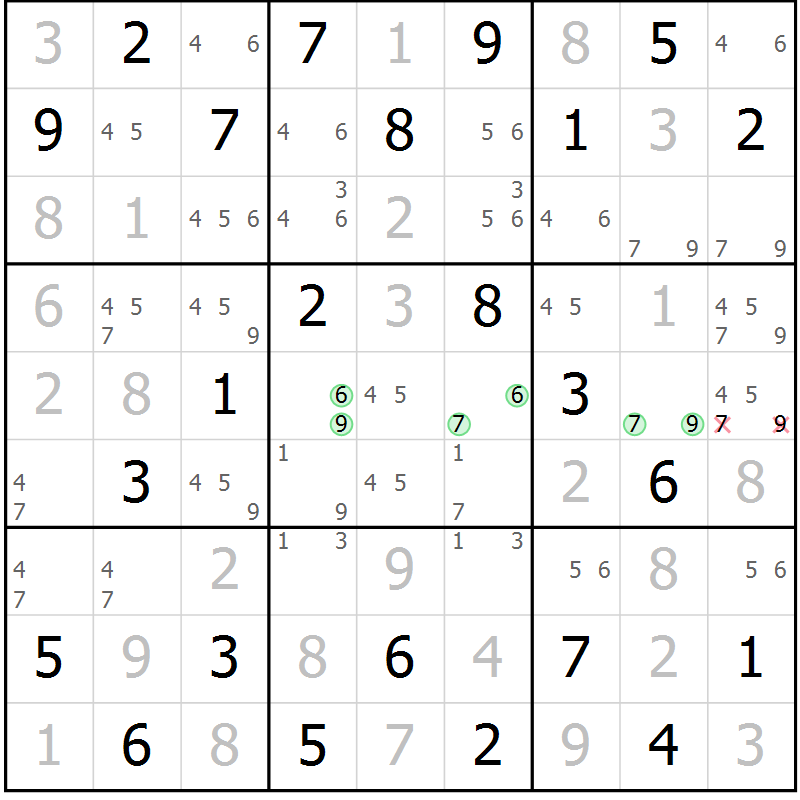 Position des candidats pour la solution de la Gr 6 page 9 du magazine de sudoku Maestro n° 087