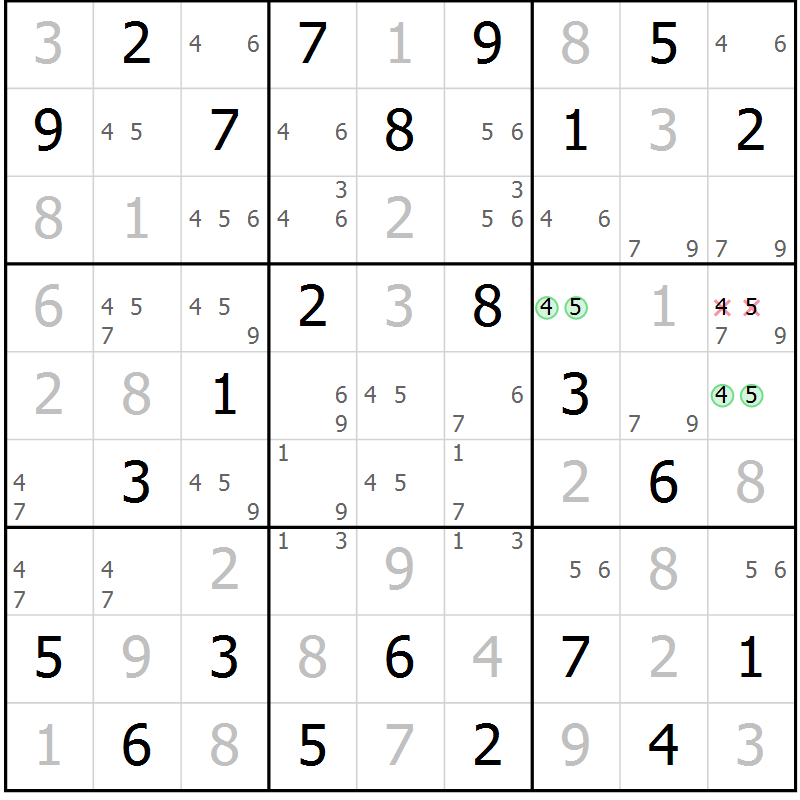 Position des candidats pour la solution de la Gr 6 page 9 du magazine de sudoku Maestro n° 087