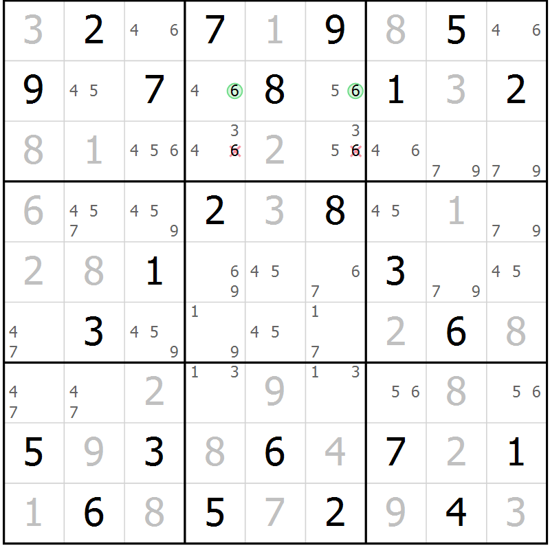 Position des candidats pour la solution de la Gr 6 page 9 du magazine de sudoku Maestro n° 087