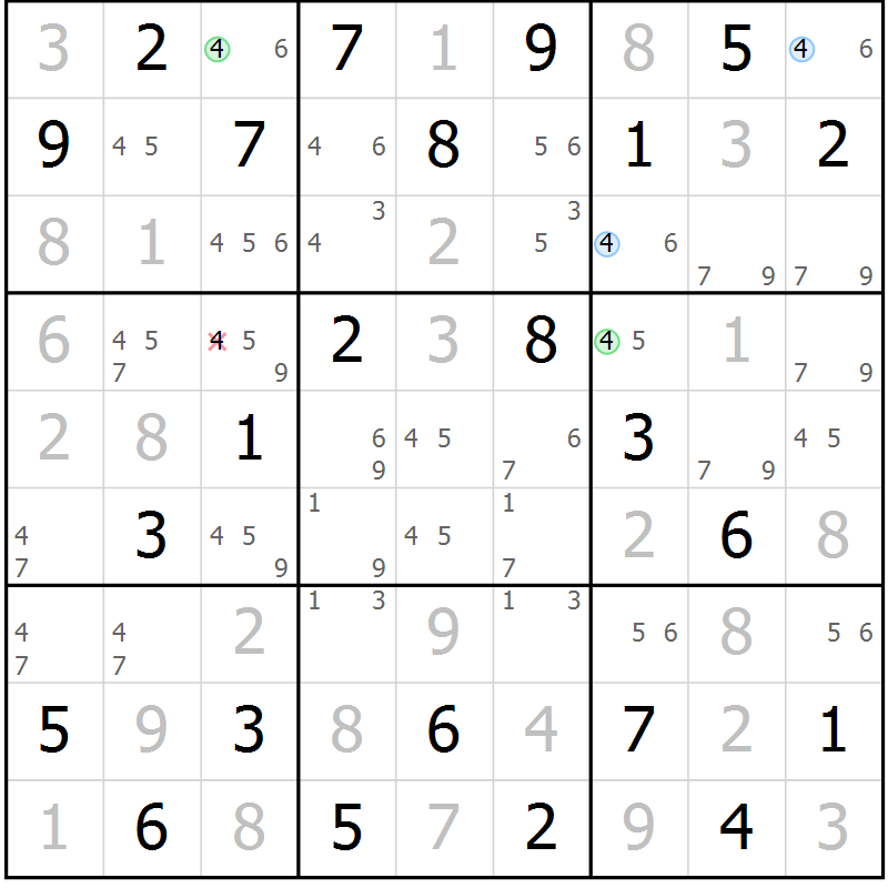 Position des candidats pour la solution de la Gr 6 page 9 du magazine de sudoku Maestro n° 087