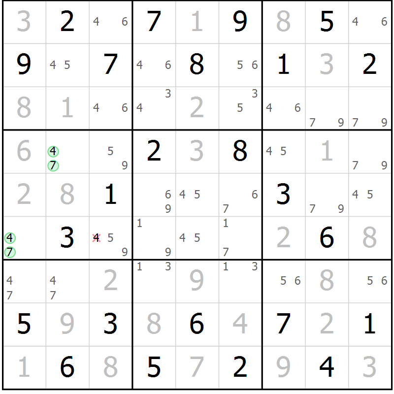 Position des candidats pour la solution de la Gr 6 page 9 du magazine de sudoku Maestro n° 087