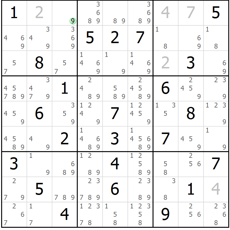 Position des candidats pour la solution de la Gr 60 page 63 du magazine de sudoku Maestro n° 087