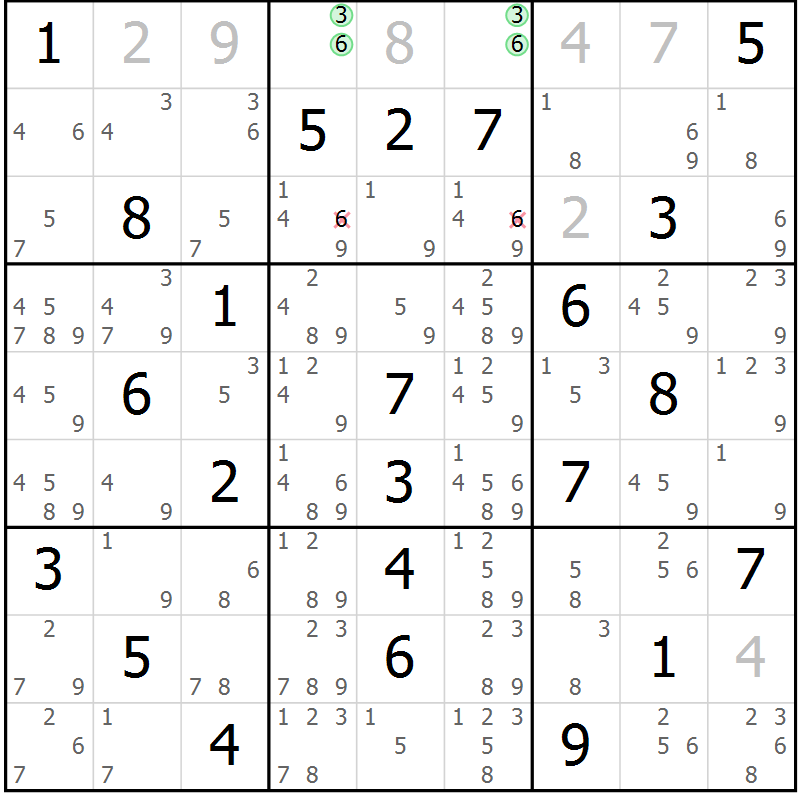 Position des candidats pour la solution de la Gr 60 page 63 du magazine de sudoku Maestro n° 087