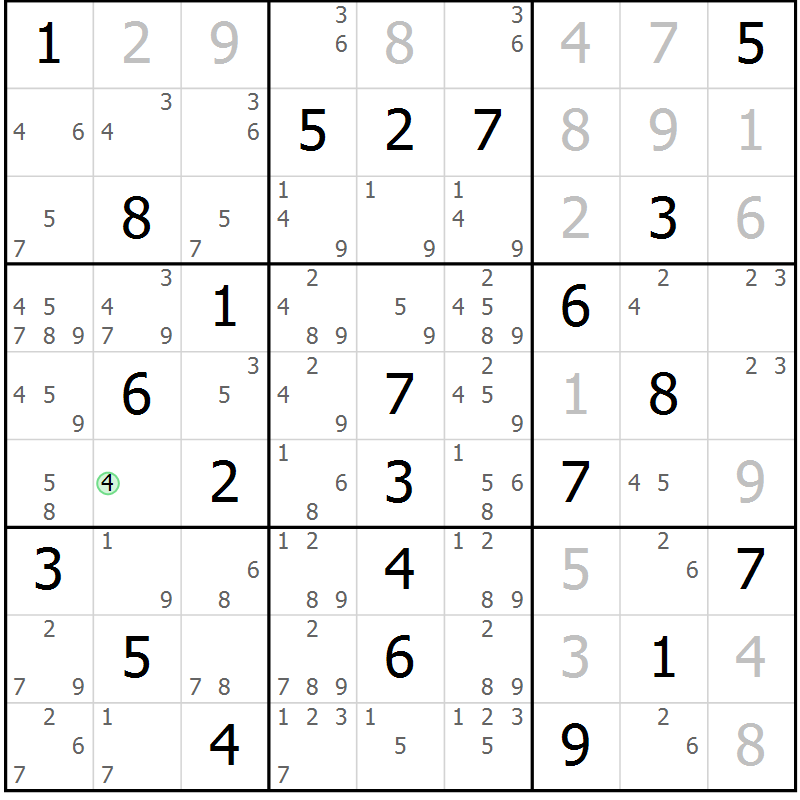 Position des candidats pour la solution de la Gr 60 page 63 du magazine de sudoku Maestro n° 087