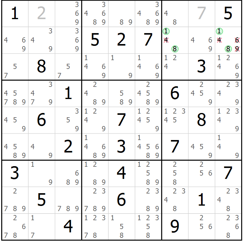 Position des candidats pour la solution de la Gr 60 page 63 du magazine de sudoku Maestro n° 087