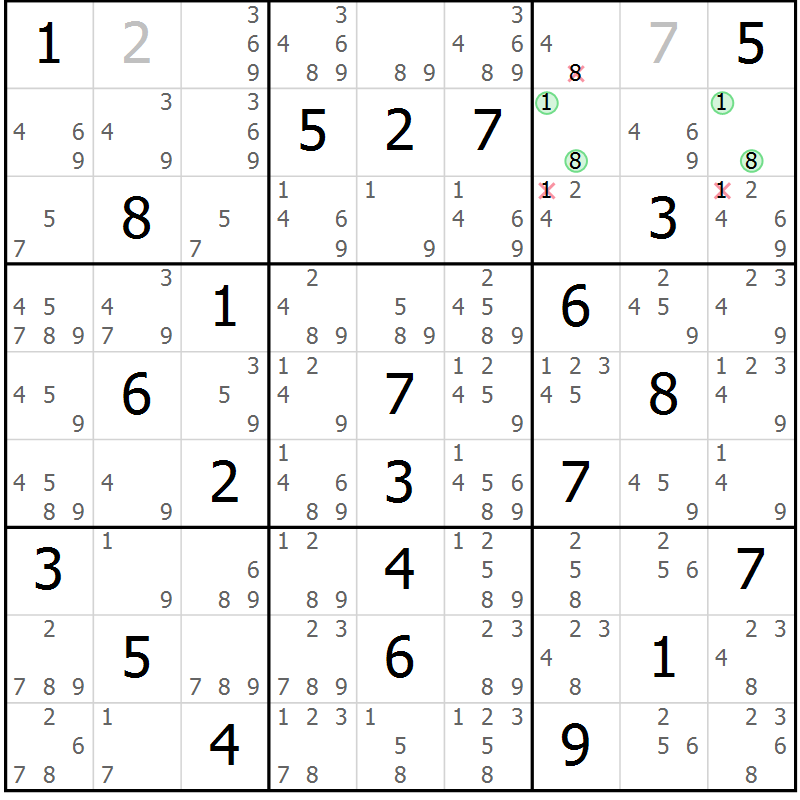 Position des candidats pour la solution de la Gr 60 page 63 du magazine de sudoku Maestro n° 087