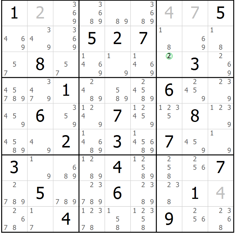 Position des candidats pour la solution de la Gr 60 page 63 du magazine de sudoku Maestro n° 087
