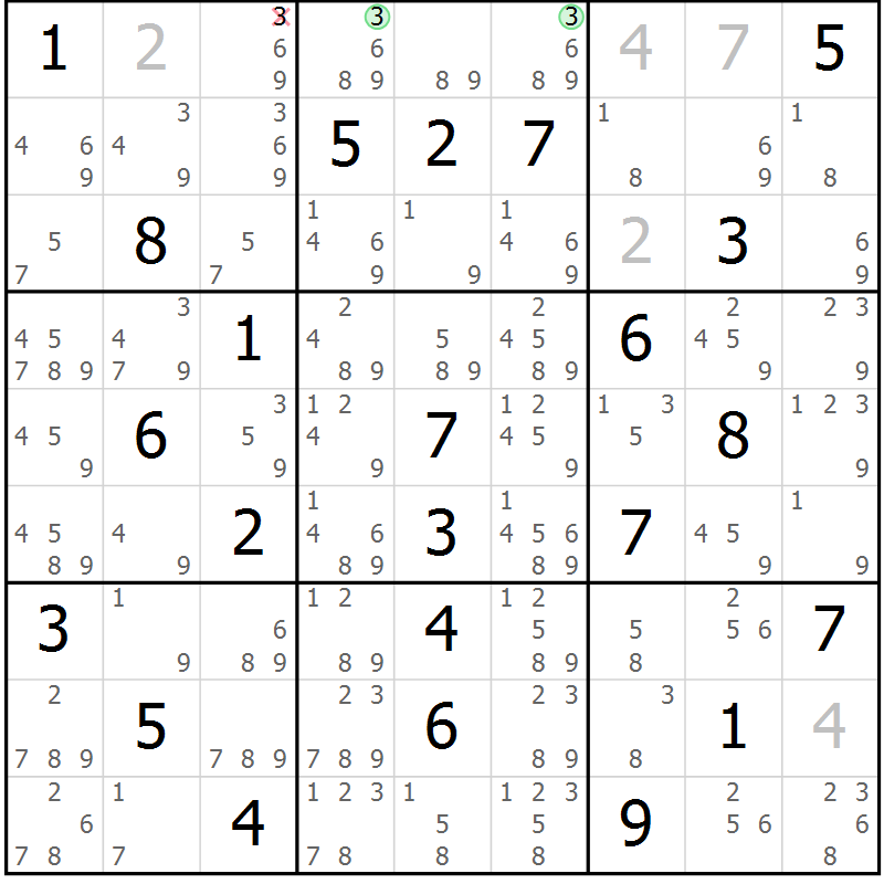 Position des candidats pour la solution de la Gr 60 page 63 du magazine de sudoku Maestro n° 087