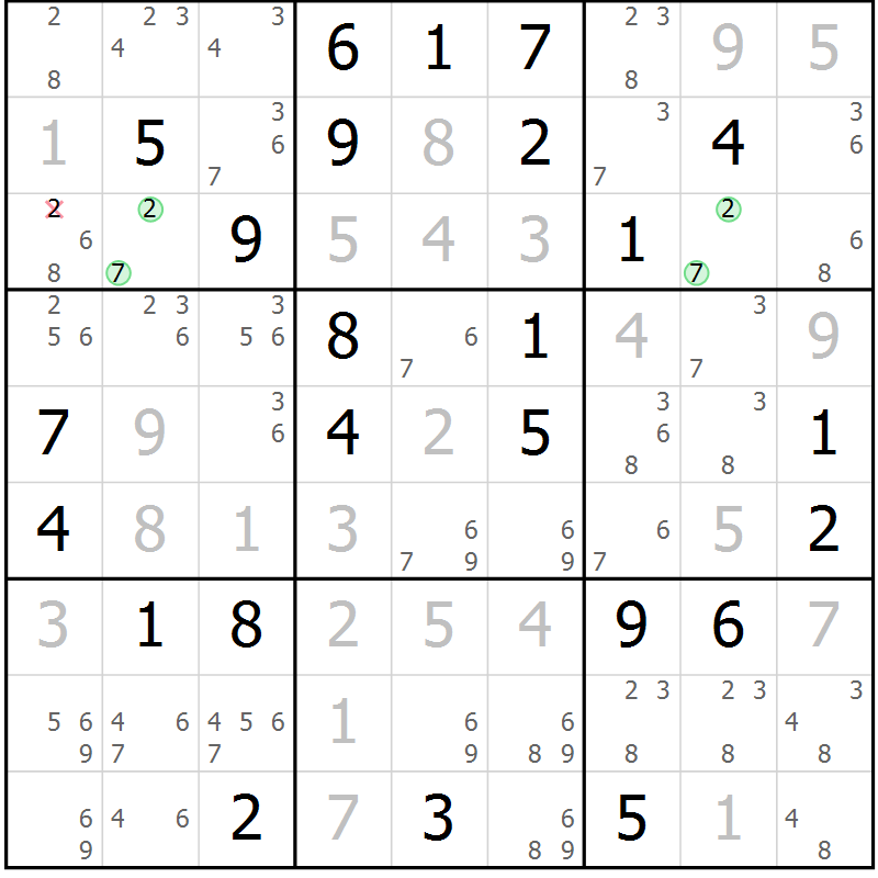 Position des candidats pour la solution de la Gr 61 page 64 du magazine de sudoku Maestro n° 087