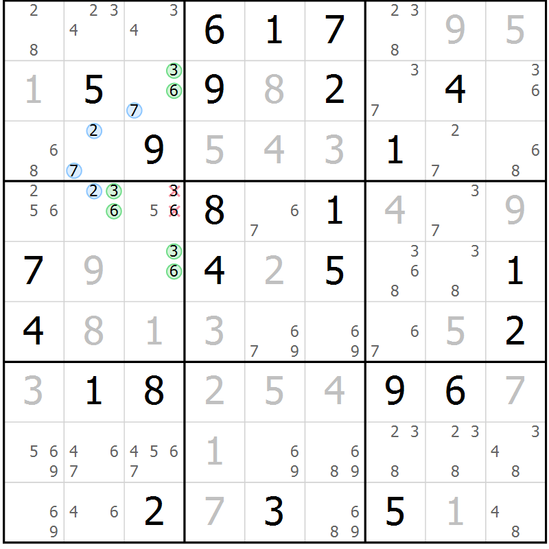 Position des candidats pour la solution de la Gr 61 page 64 du magazine de sudoku Maestro n° 087