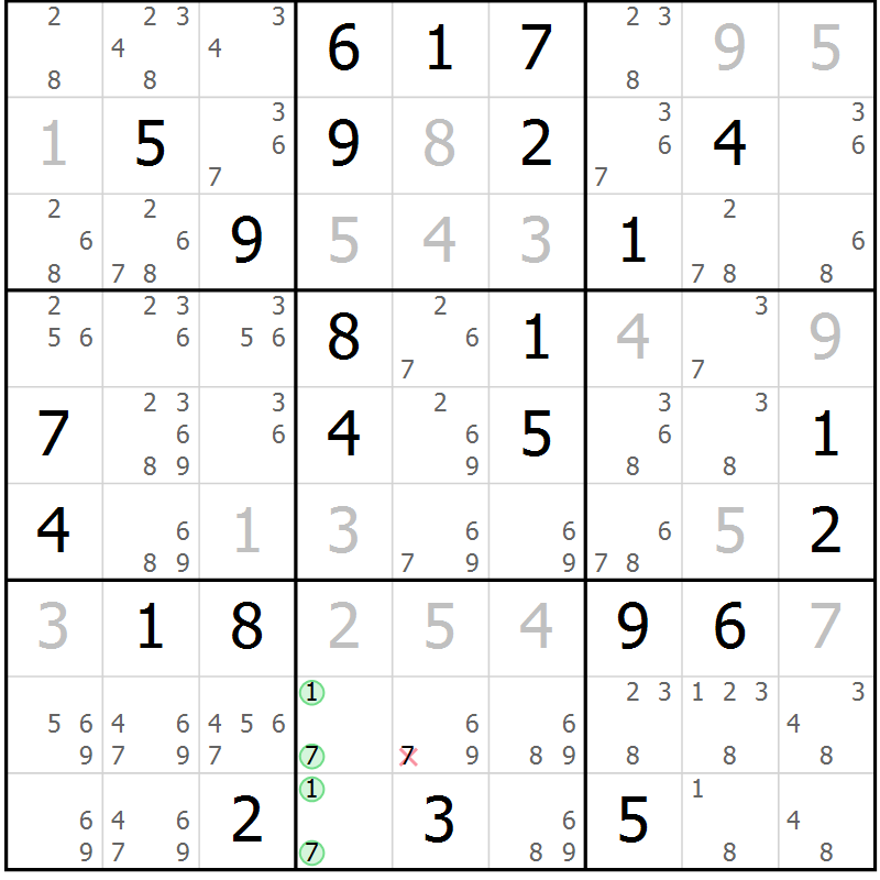 Position des candidats pour la solution de la Gr 61 page 64 du magazine de sudoku Maestro n° 087
