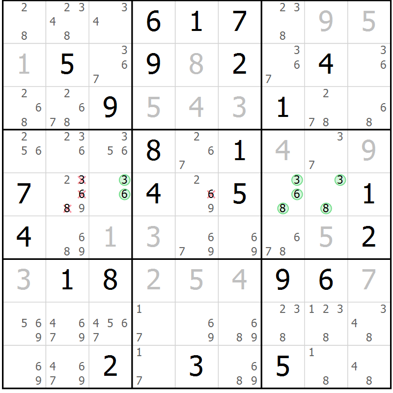Position des candidats pour la solution de la Gr 61 page 64 du magazine de sudoku Maestro n° 087