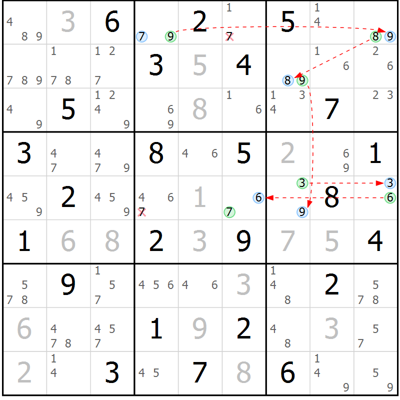 Position des candidats pour la solution de la Gr 63 page 66 du magazine de sudoku Maestro n° 087