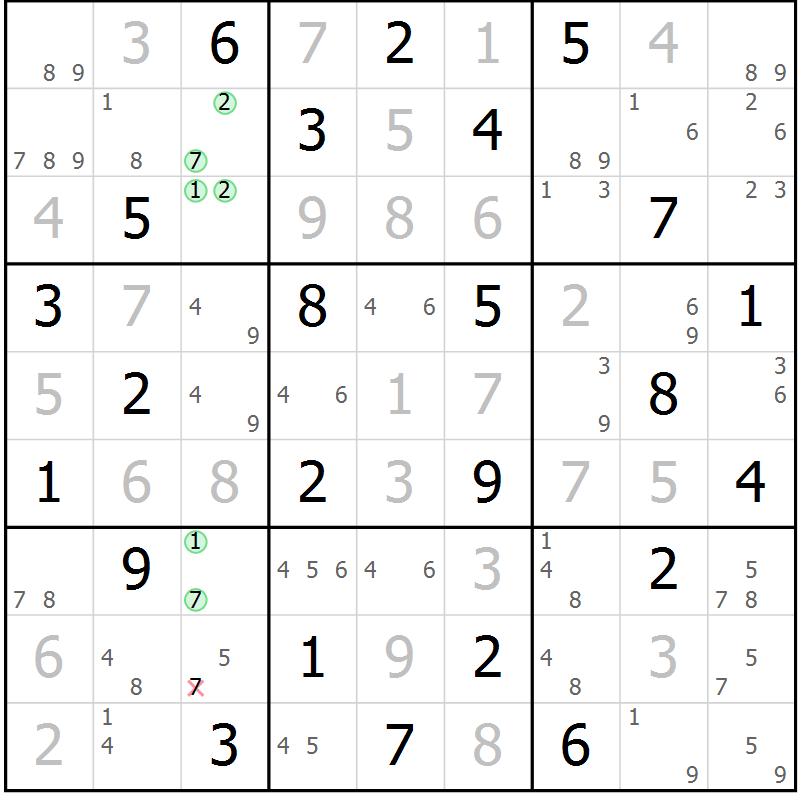 Position des candidats pour la solution de la Gr 63 page 66 du magazine de sudoku Maestro n° 087