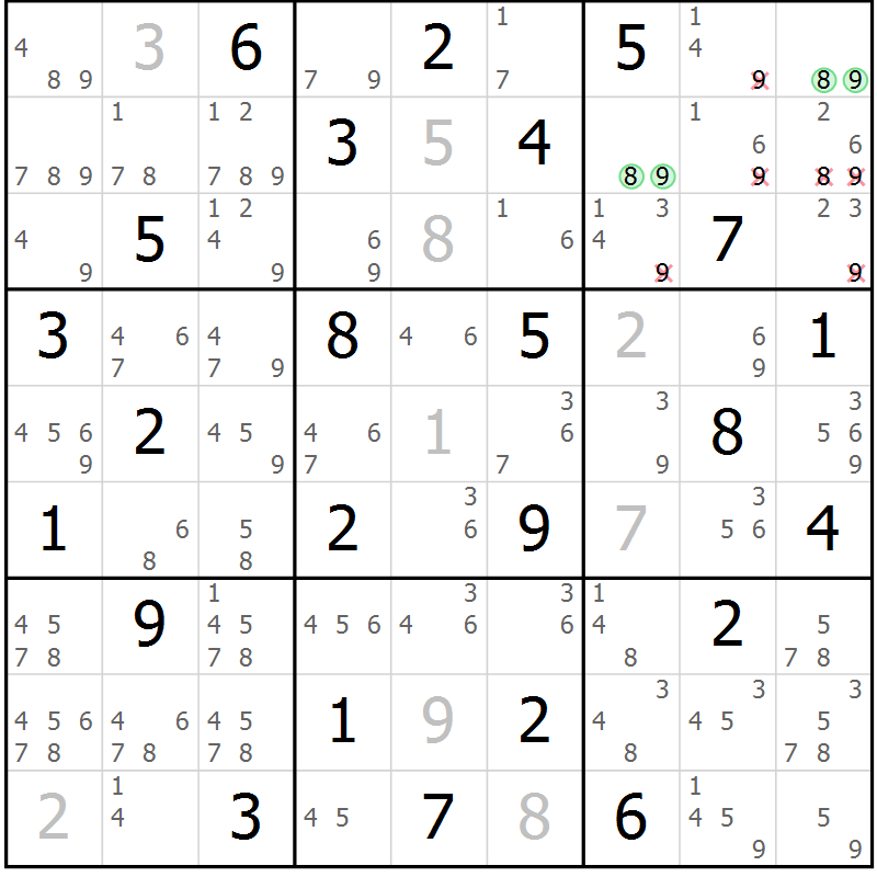Position des candidats pour la solution de la Gr 63 page 66 du magazine de sudoku Maestro n° 087