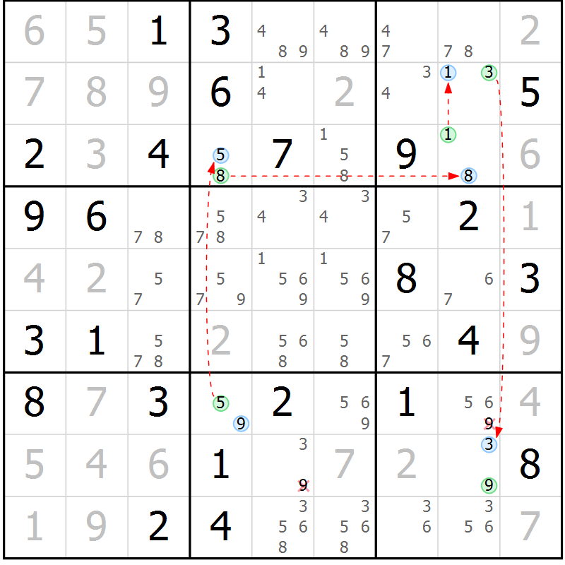 Position des candidats pour la solution de la Gr 64 page 67 du magazine de sudoku Maestro n° 087
