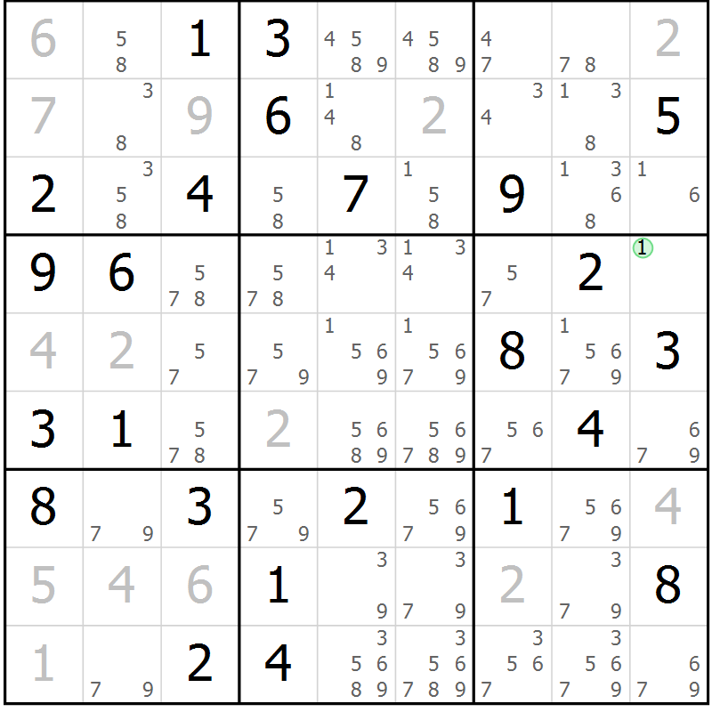 Position des candidats pour la solution de la Gr 64 page 67 du magazine de sudoku Maestro n° 087