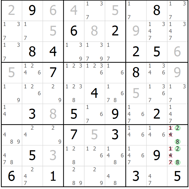 Position des candidats pour la solution de la Gr 65 page 68 du magazine de sudoku Maestro n° 087