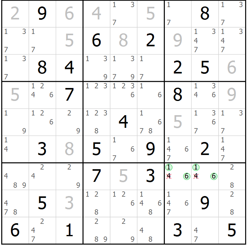 Position des candidats pour la solution de la Gr 65 page 68 du magazine de sudoku Maestro n° 087
