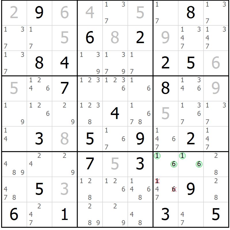Position des candidats pour la solution de la Gr 65 page 68 du magazine de sudoku Maestro n° 087
