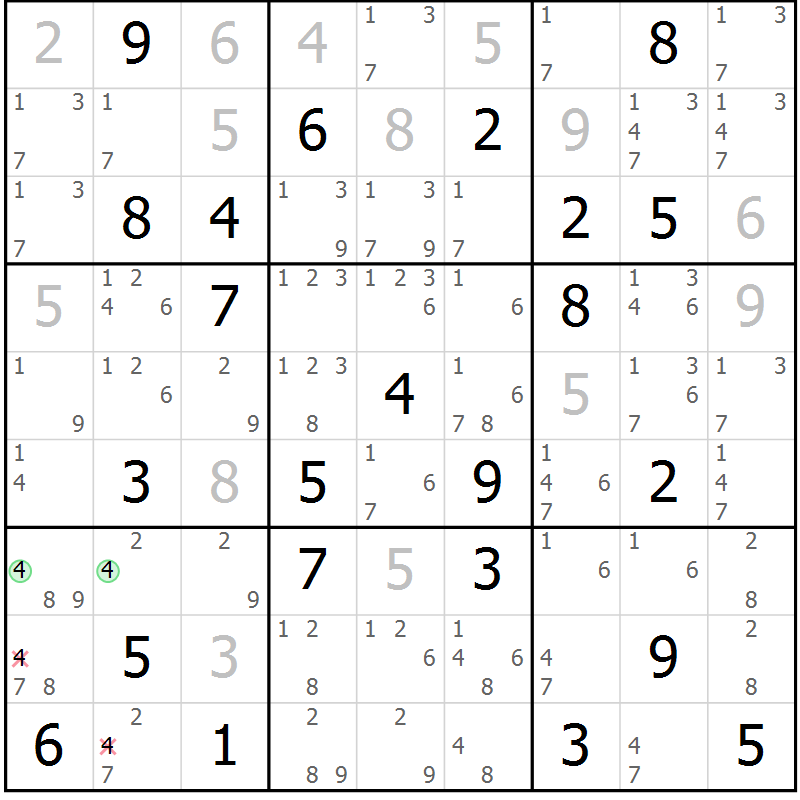 Position des candidats pour la solution de la Gr 65 page 68 du magazine de sudoku Maestro n° 087