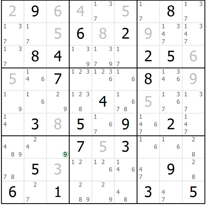 Position des candidats pour la solution de la Gr 65 page 68 du magazine de sudoku Maestro n° 087