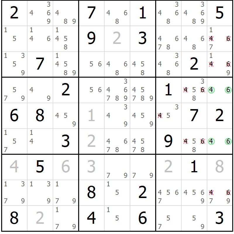 Position des candidats pour la solution de la Gr 67 page 70 du magazine de sudoku Maestro n° 087