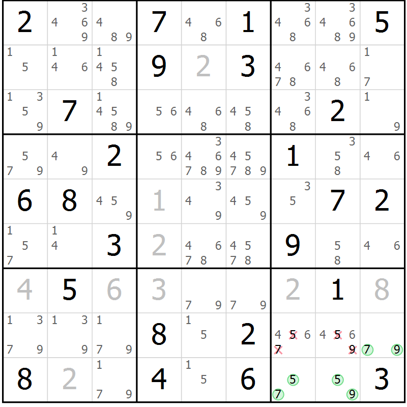 Position des candidats pour la solution de la Gr 67 page 70 du magazine de sudoku Maestro n° 087
