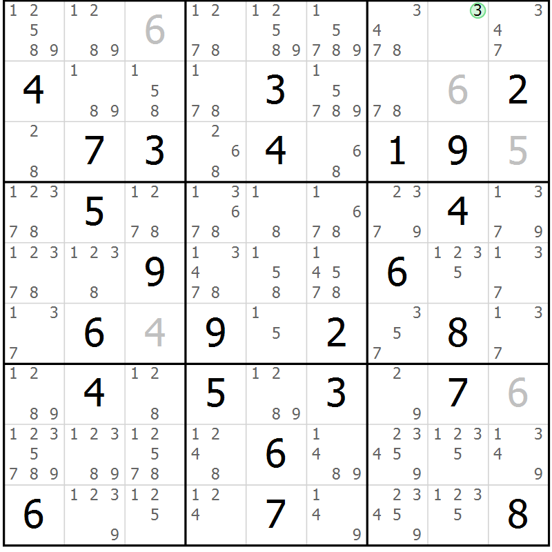 Position des candidats pour la solution de la Gr 68 page 71 du magazine de sudoku Maestro n° 087
