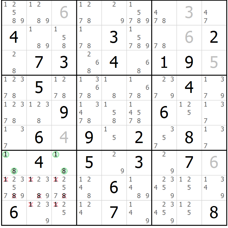 Position des candidats pour la solution de la Gr 68 page 71 du magazine de sudoku Maestro n° 087