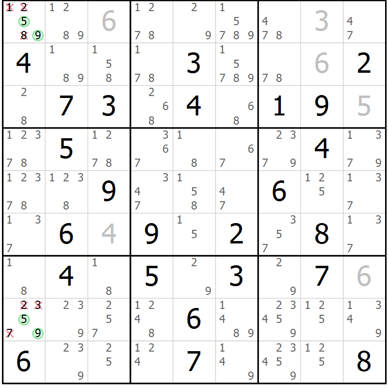 Position des candidats pour la solution de la Gr 68 page 71 du magazine de sudoku Maestro n° 087