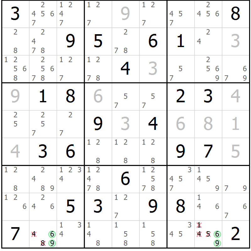 Position des candidats pour la solution de la Gr 69 page 72 du magazine de sudoku Maestro n° 087