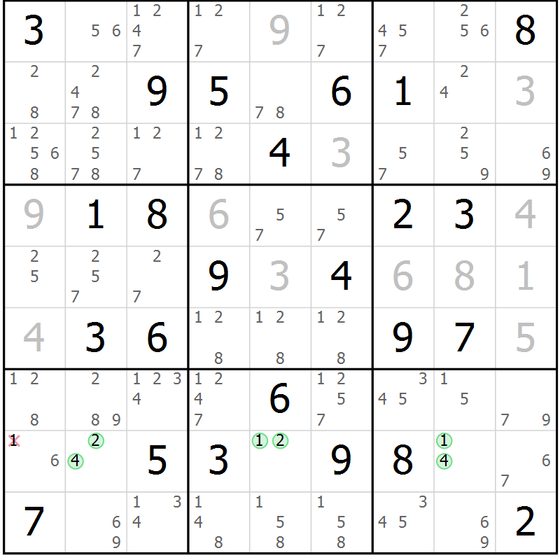 Position des candidats pour la solution de la Gr 69 page 72 du magazine de sudoku Maestro n° 087